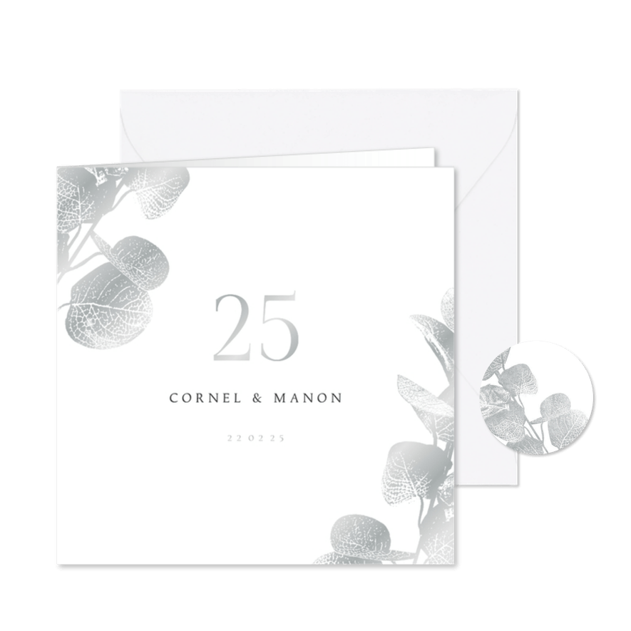 Jubileumkaart 25 eucalyptustak in zilver - Kaartimpressie
