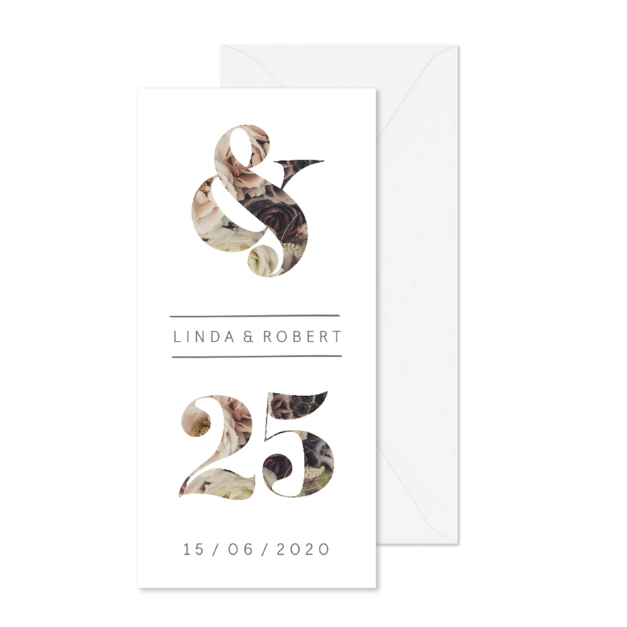 Jubileumkaart 25 jaar met &-teken en bloemen - Kaartimpressie