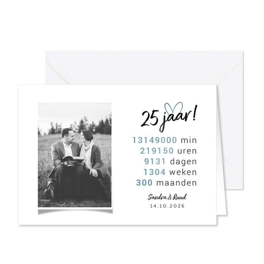 Jubileumkaart 25 jaar rekensom hartje met foto - Kaartimpressie