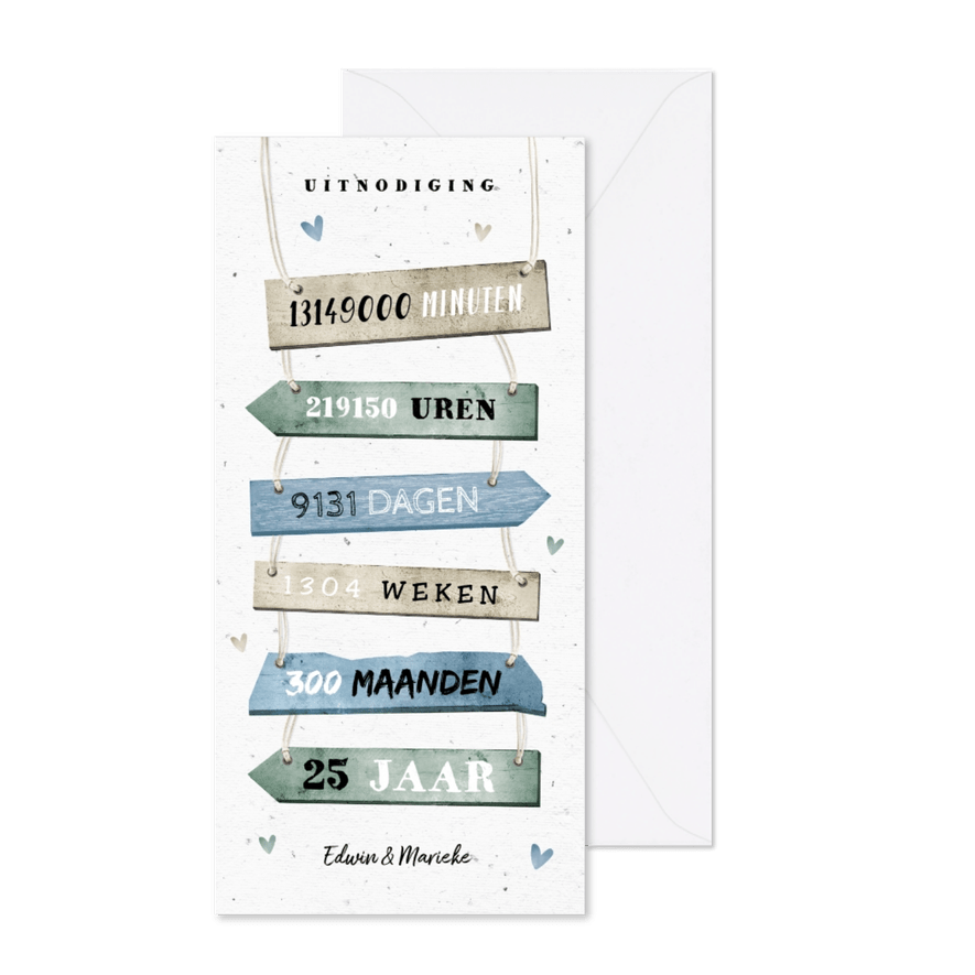 Jubileumkaart 25 jaar uitnodiging met houten borden - Kaartimpressie