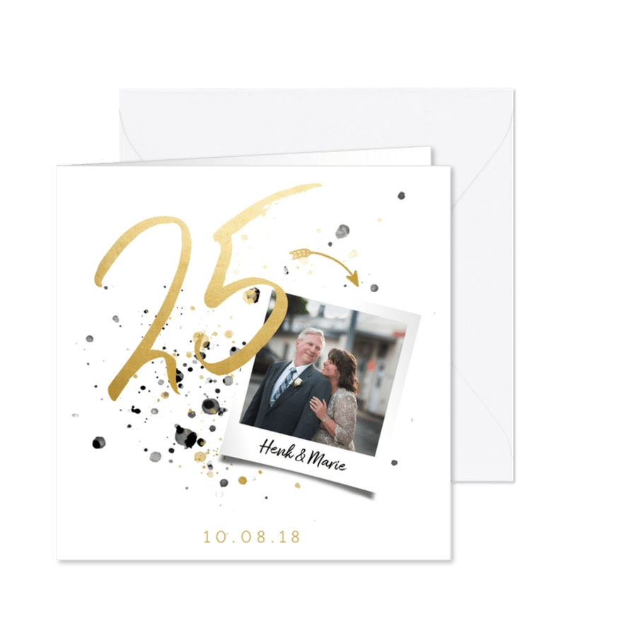 Jubileumkaart '25' met spetters en foto - Kaartimpressie