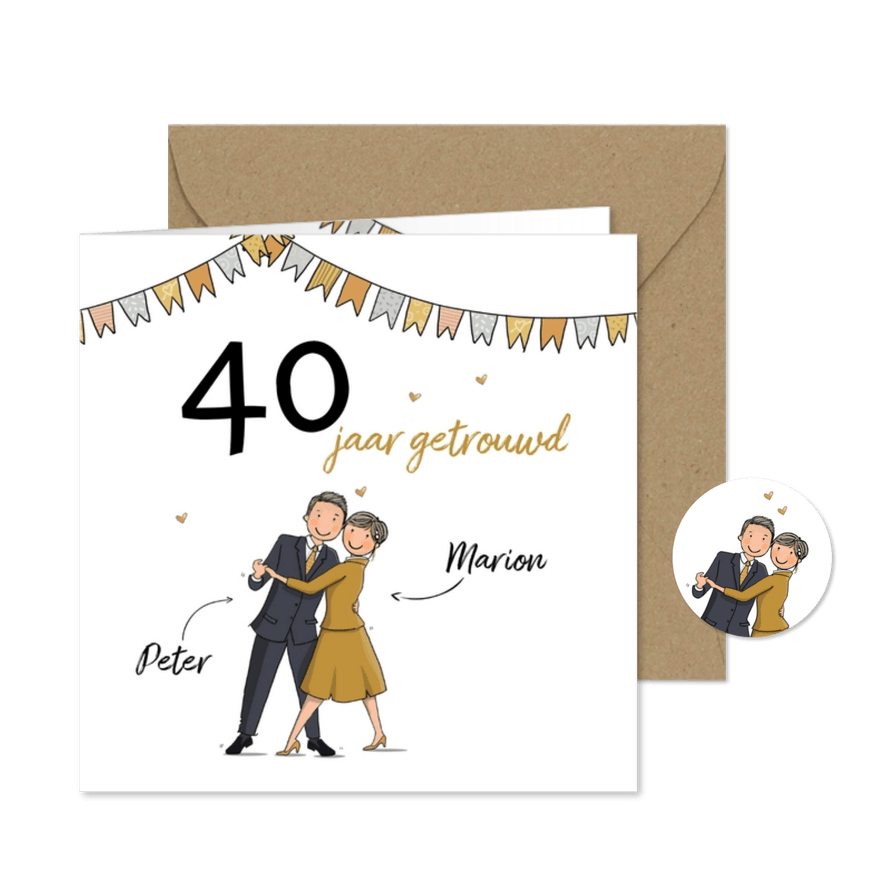 Jubileumkaart 40 jaar echtpaar met vlaggetjes en hartjes - Kaartimpressie