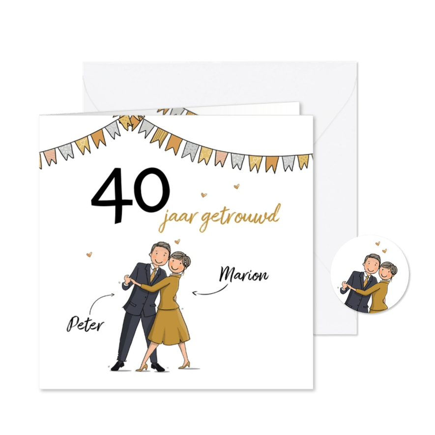 Jubileumkaart 40 jaar echtpaar met vlaggetjes en hartjes - Kaartimpressie