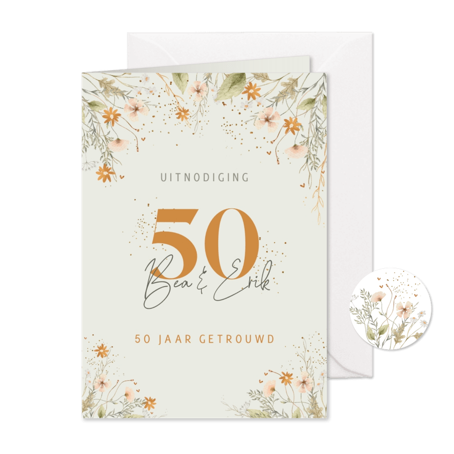 Jubileumkaart 50 bloemen met glitters - Kaartimpressie