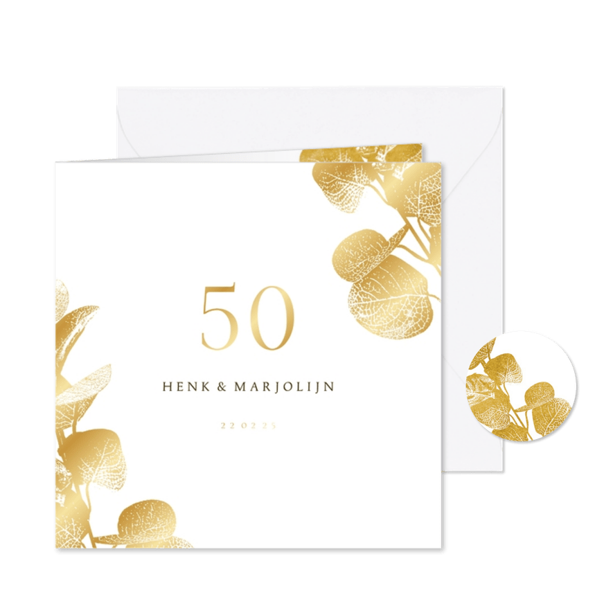 Jubileumkaart 50 eucalyptustak in goud - Kaartimpressie