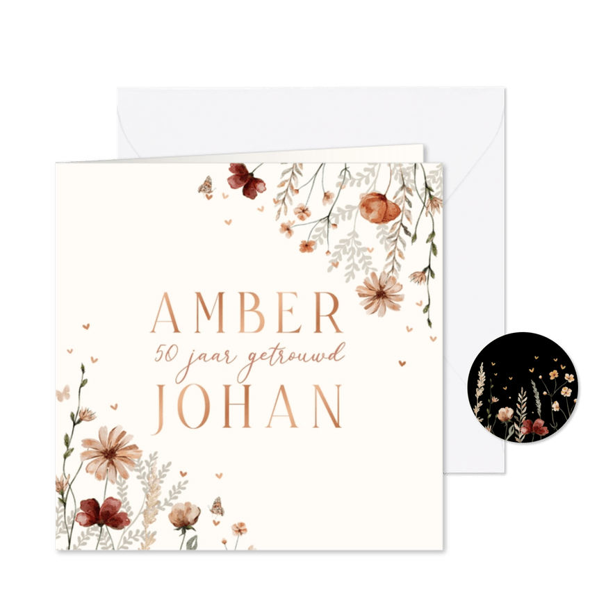 Jubileumkaart 50 jaar bloemen en hartjes - Kaartimpressie