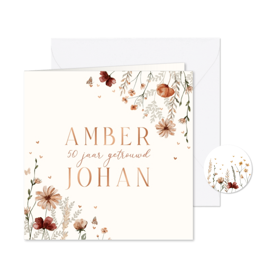 Jubileumkaart 50 jaar bloemen en hartjes - Kaartimpressie