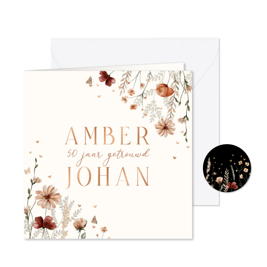 Jubileumkaart 50 jaar bloemen en hartjes - Kaartimpressie