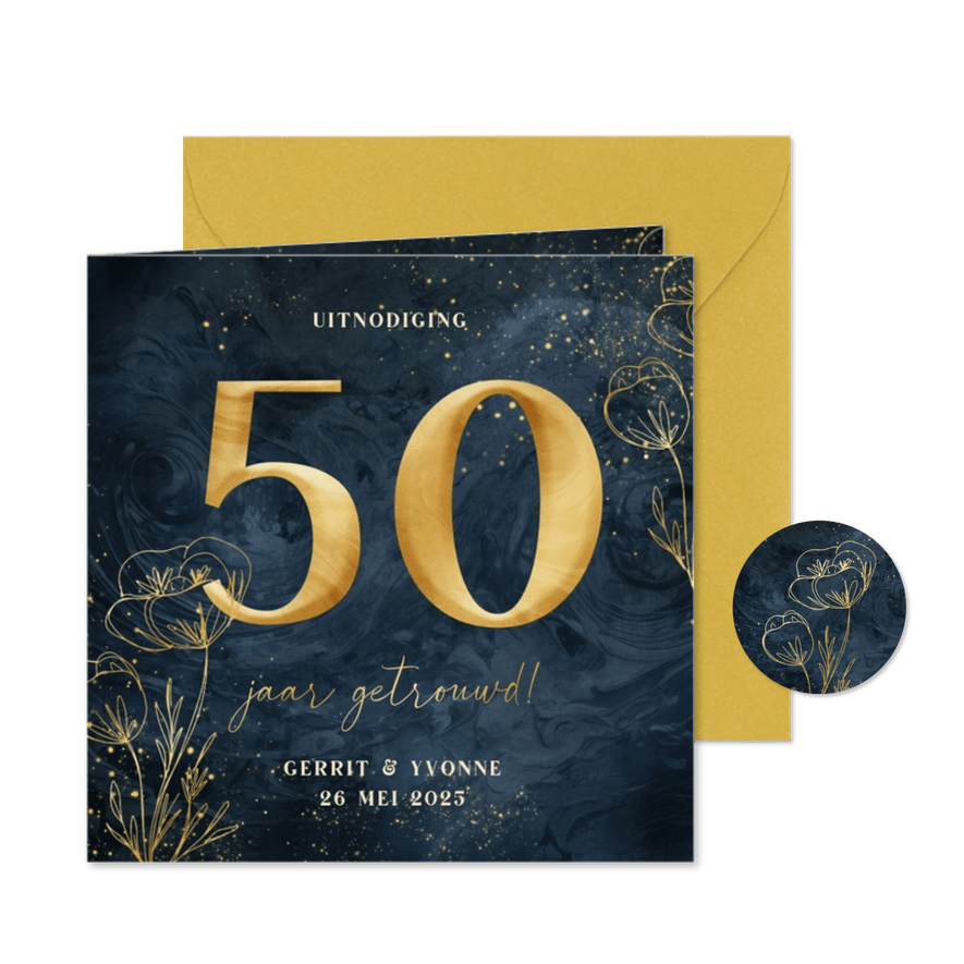 Jubileumkaart 50 jaar donkerblauw met goudfolie bloemen - Kaartimpressie