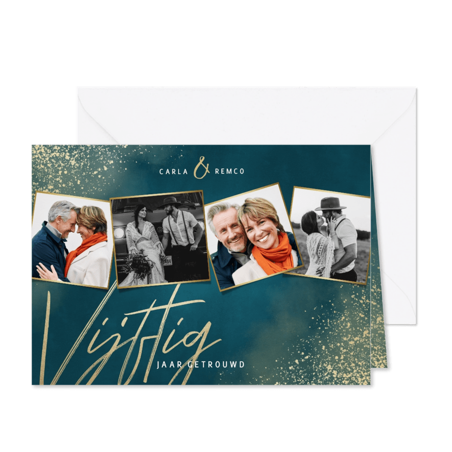 Jubileumkaart 50 jaar getrouwd blauw gouden spetters - Kaartimpressie