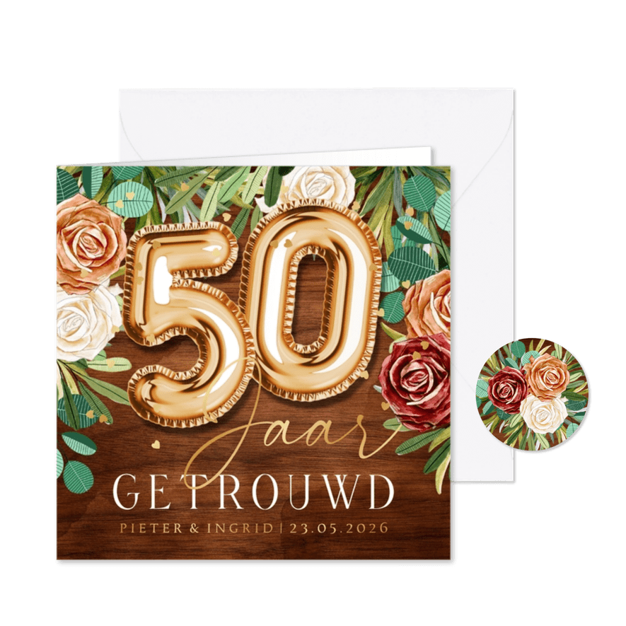 Jubileumkaart 50 jaar getrouwd botanisch ballon - Kaartimpressie