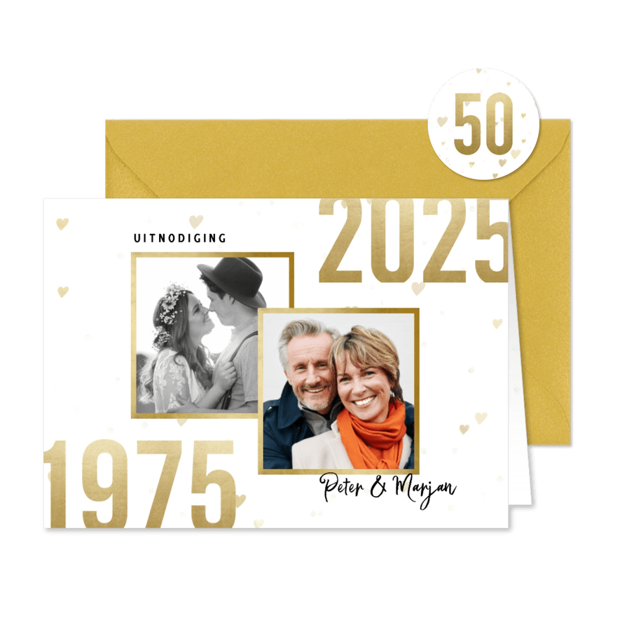 Jubileumkaart 50 jaar getrouwd jaartallen 1975/2025 hartjes - Kaartimpressie