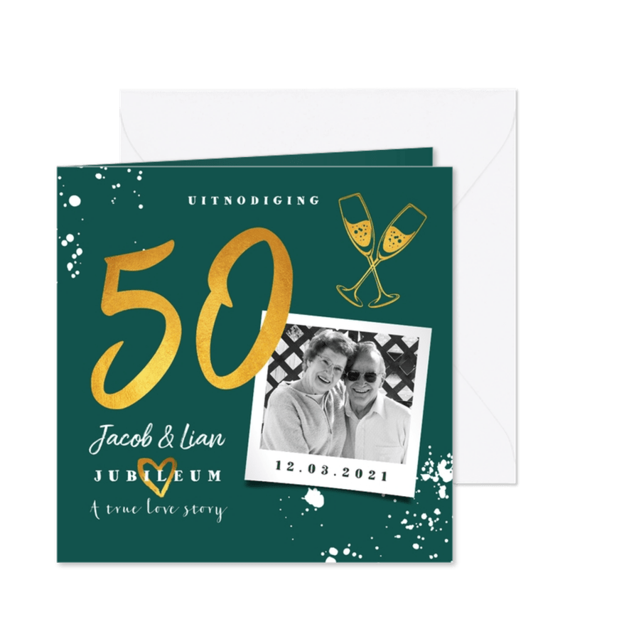 Jubileumkaart 50 jaar huwelijk groen stijlvol met champagne - Kaartimpressie