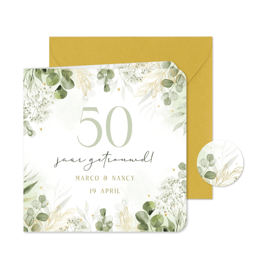 Jubileumkaart 50 jaar met foliedruk en botanische takjes - Kaartimpressie