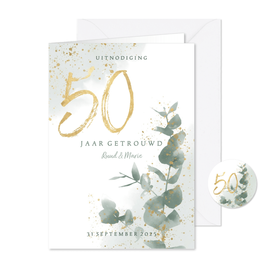 Jubileumkaart 50 jaar met waterverf takje en gouden spetters - Kaartimpressie