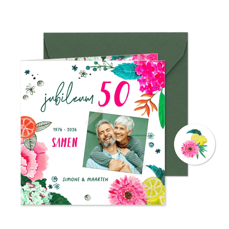 Jubileumkaart 50 jaar samen met foto en bloemen - Kaartimpressie