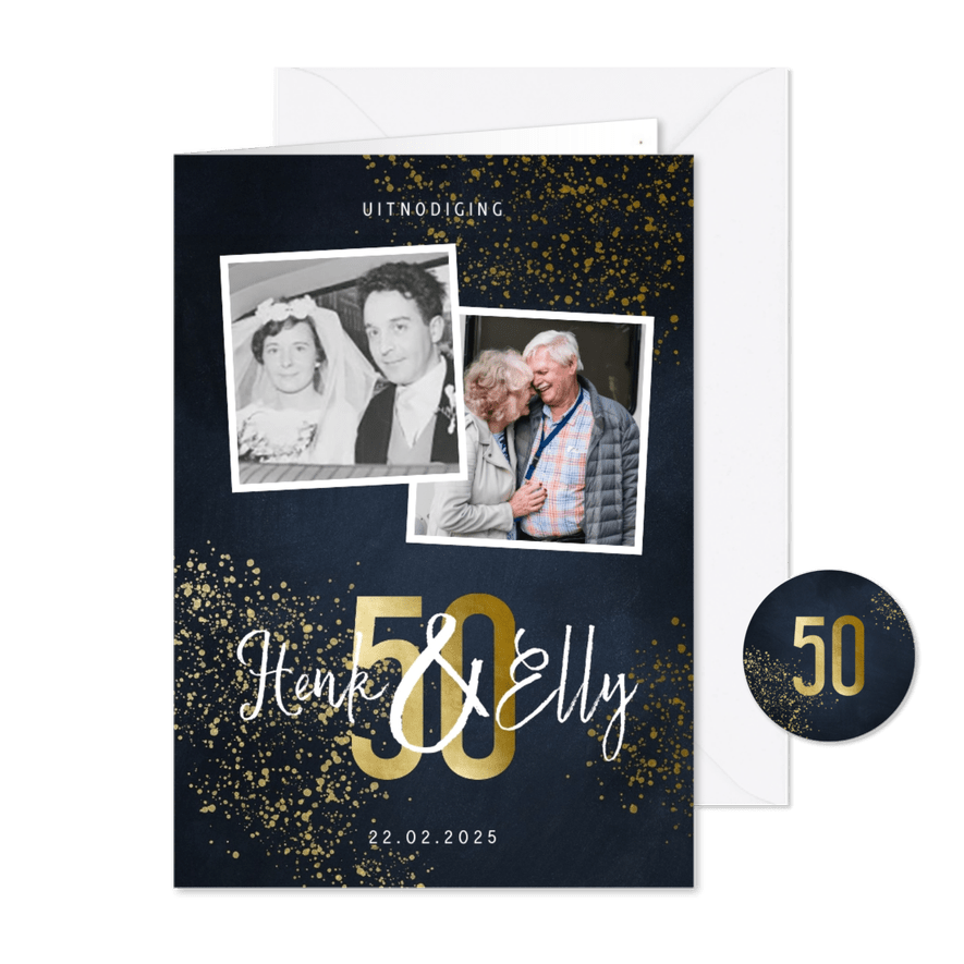 Jubileumkaart 50 jaar stijlvol goudlook met foto en spetters - Kaartimpressie