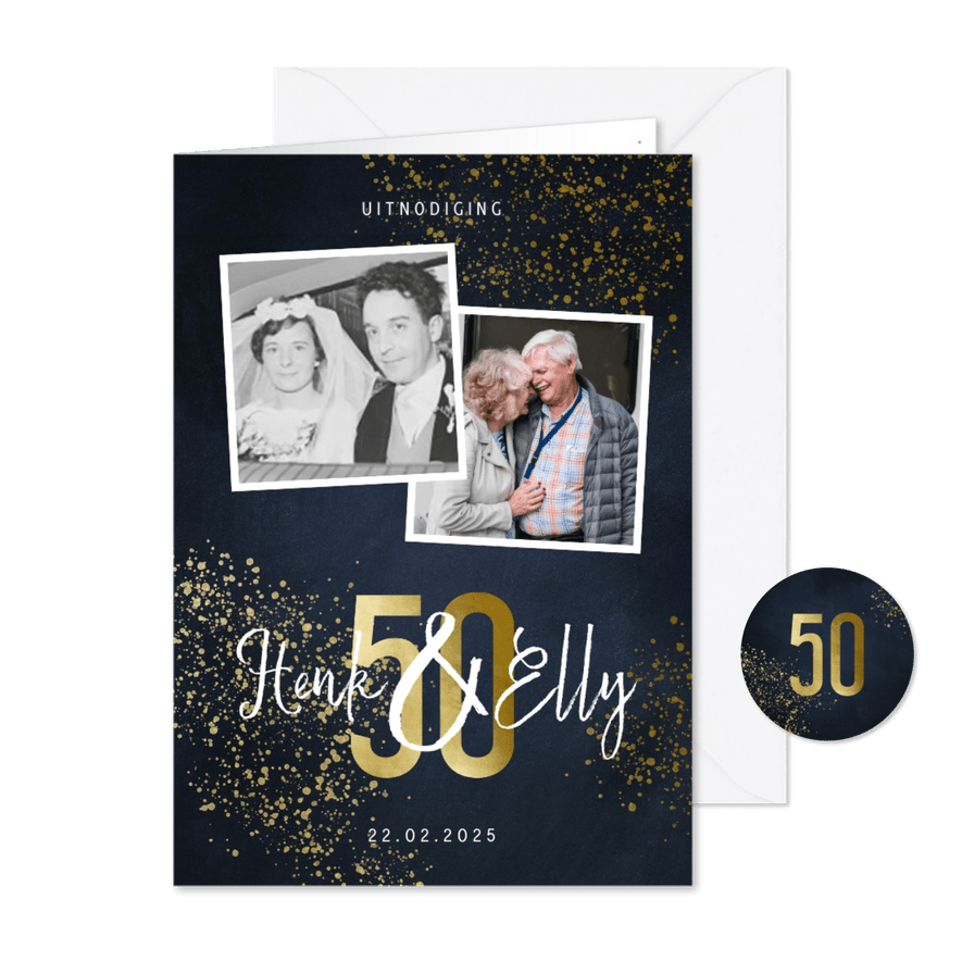 Jubileumkaart 50 jaar stijlvol goudlook met foto en spetters - Kaartimpressie