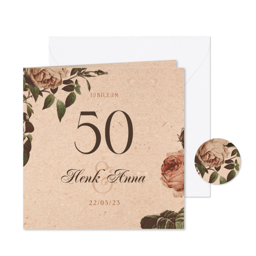 Jubileumkaart 50 jaar vintage met bloemen - Kaartimpressie