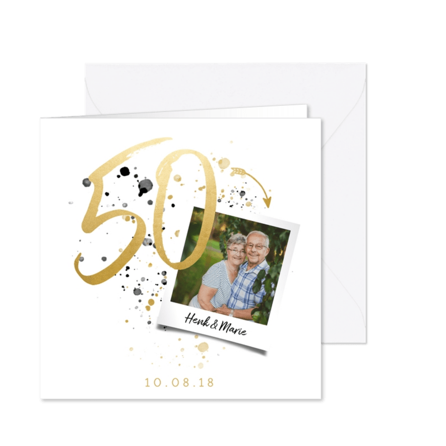 Jubileumkaart '50' met spetters en foto - Kaartimpressie