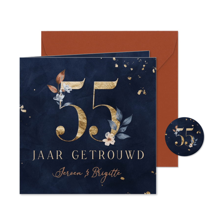 Jubileumkaart 55 jaar goud met aquarel bloemen - Kaartimpressie