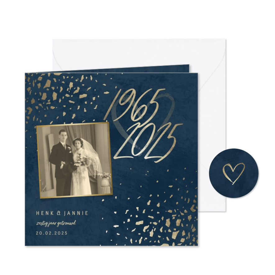 Jubileumkaart 60 foto jaartallen donkerblauw met terrazzo - Kaartimpressie