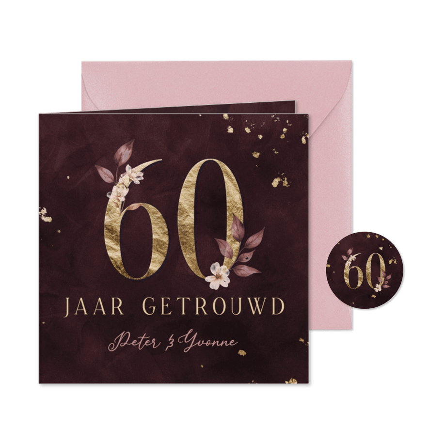 Jubileumkaart 60 jaar goud met aquarel bloemen - Kaartimpressie