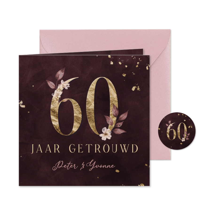 Jubileumkaart 60 jaar goud met aquarel bloemen - Kaartimpressie