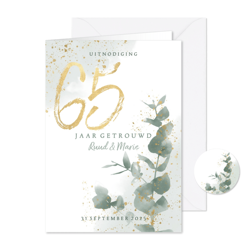 Jubileumkaart 65 jaar getrouwd met waterverf takje en goud - Kaartimpressie