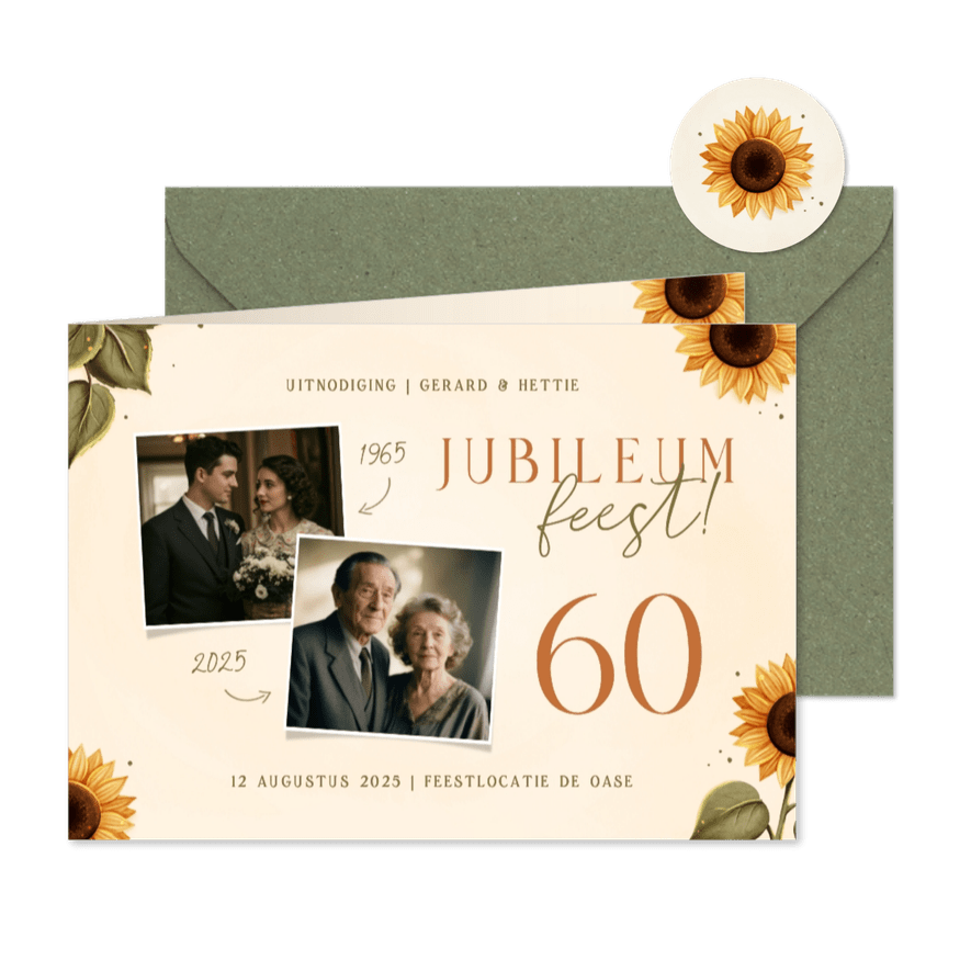 Jubileumkaart aanpasbaar met zonnebloemen - Kaartimpressie
