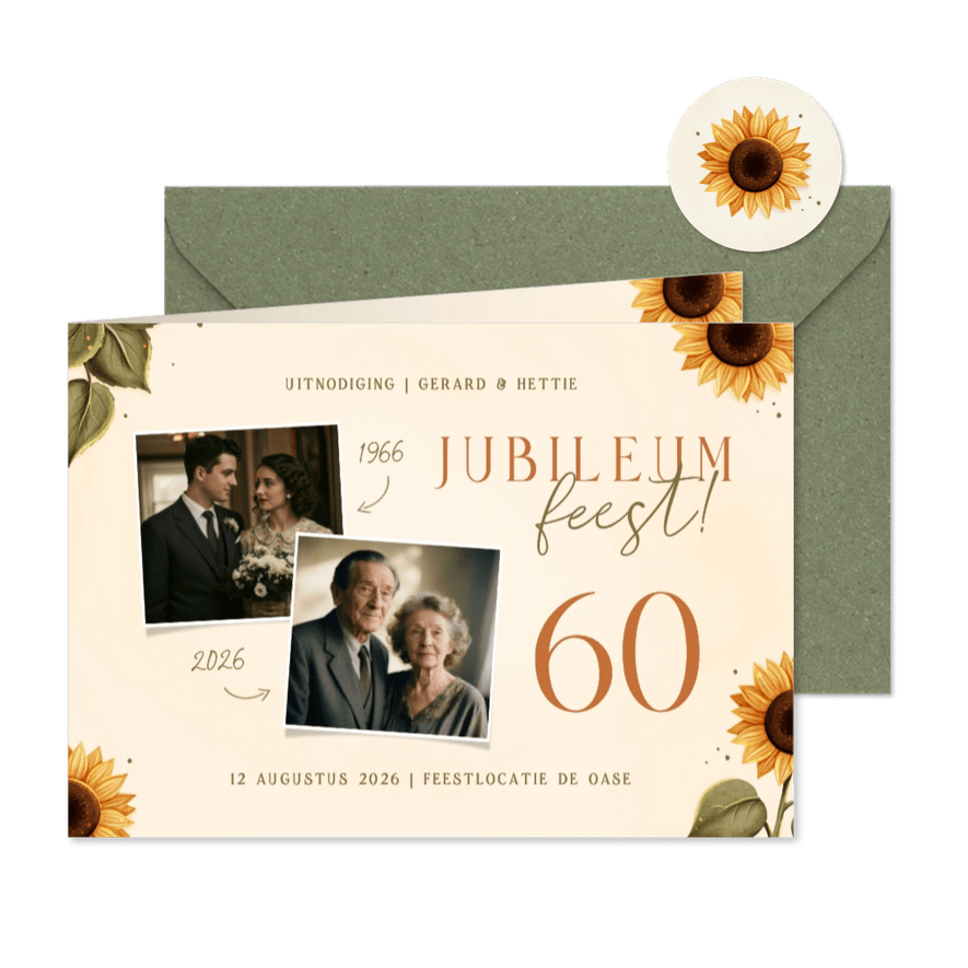 Jubileumkaart aanpasbaar met zonnebloemen - Kaartimpressie