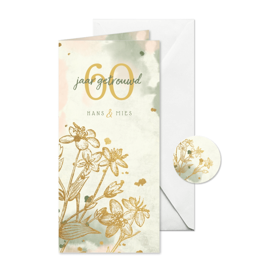 Jubileumkaart bloemen goud met waterverf en spetters - Kaartimpressie