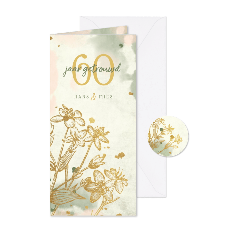 Jubileumkaart bloemen goud met waterverf en spetters - Kaartimpressie