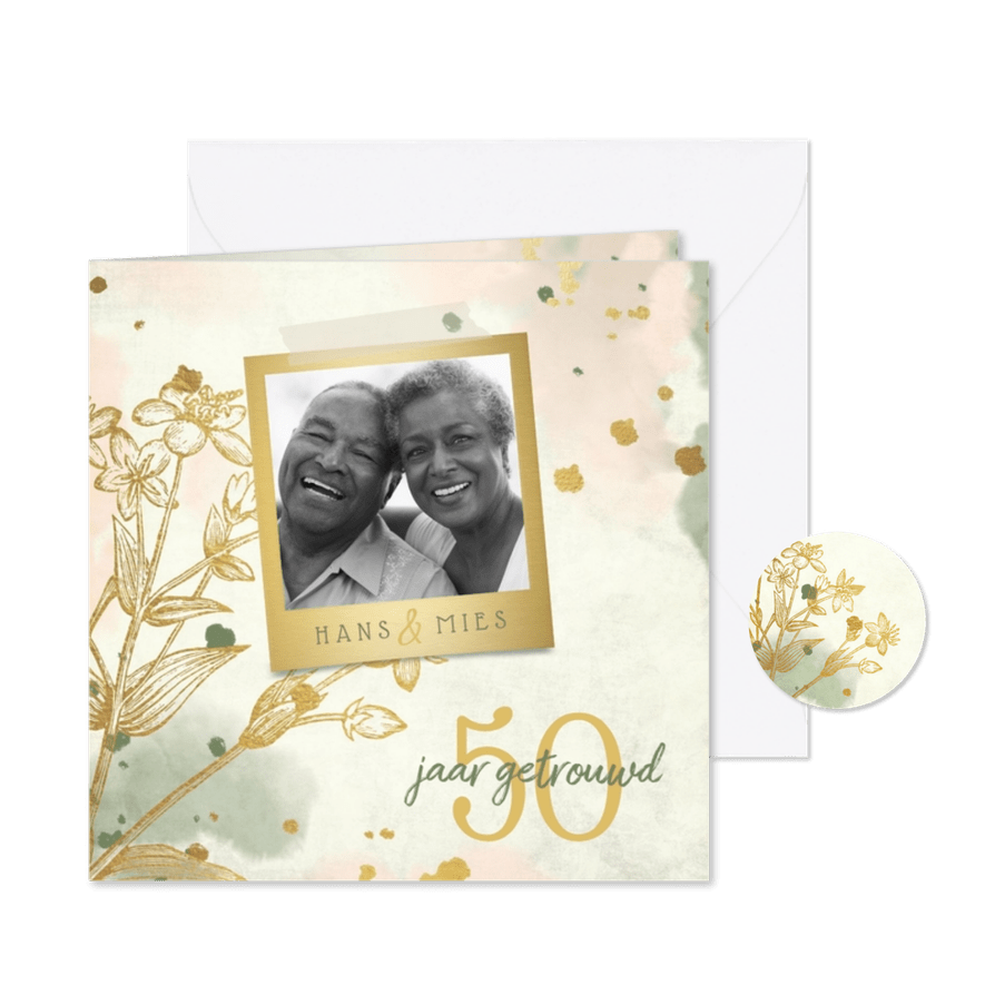 Jubileumkaart bloemen goud met waterverf foto en spetters - Kaartimpressie