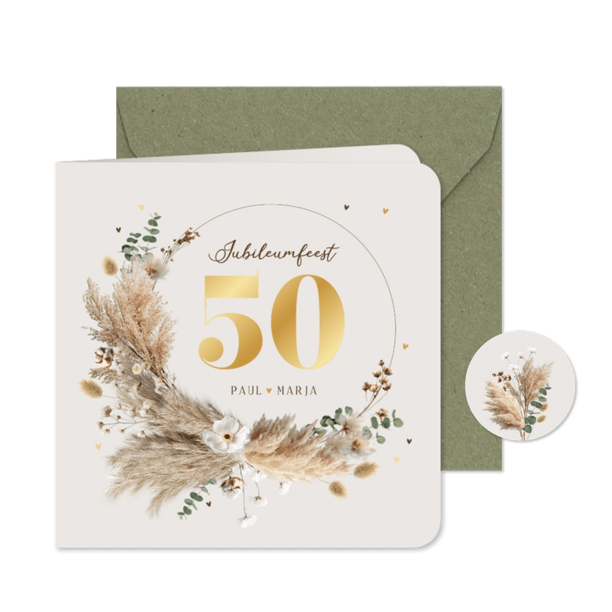 Jubileumkaart boho krans 50 jaar getrouwd - Kaartimpressie