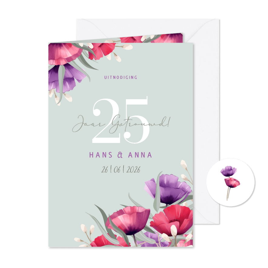 Jubileumkaart botanisch kleurrijk met boeket van klaprozen - Kaartimpressie