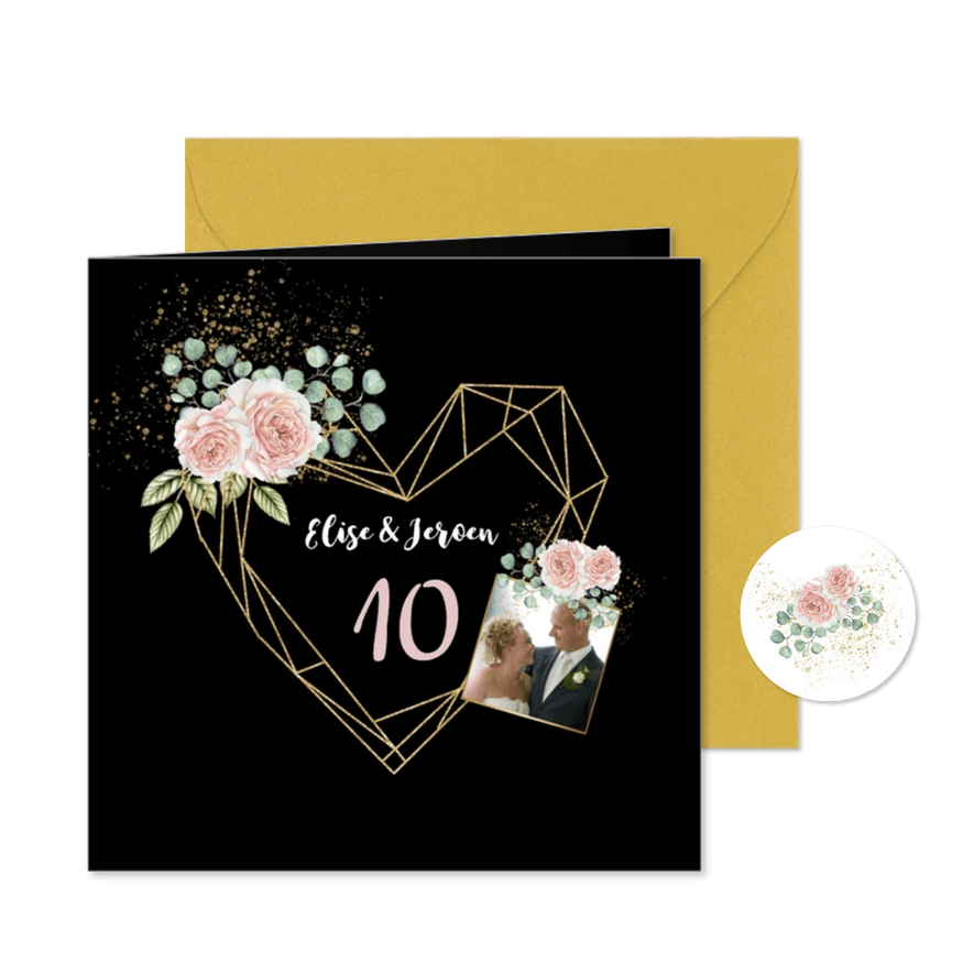 Jubileumkaart botanische rozen hart - Kaartimpressie