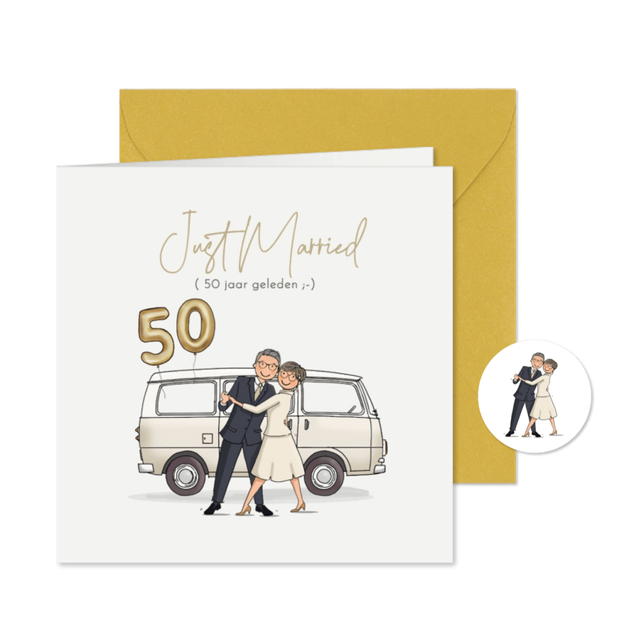 Jubileumkaart busje met echtpaar en ballonnen - Kaartimpressie