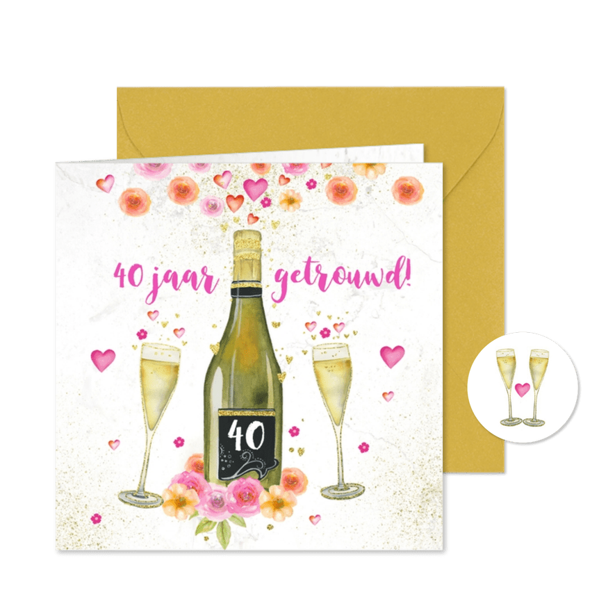 Jubileumkaart champagne en aquarelbloemen - Kaartimpressie