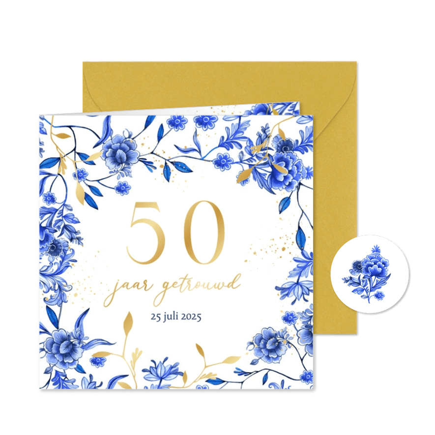 Jubileumkaart Delfts blauw goud uitnodiging - Kaartimpressie