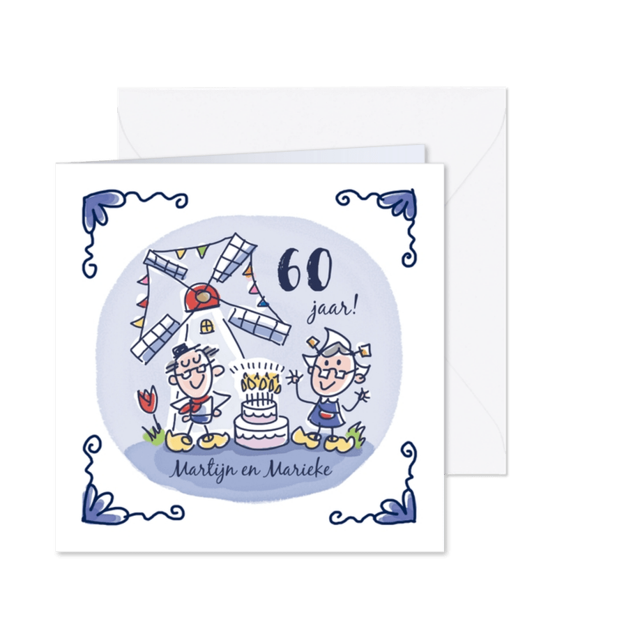 Jubileumkaart delfts blauwe tegel met molen taart en stel - Kaartimpressie