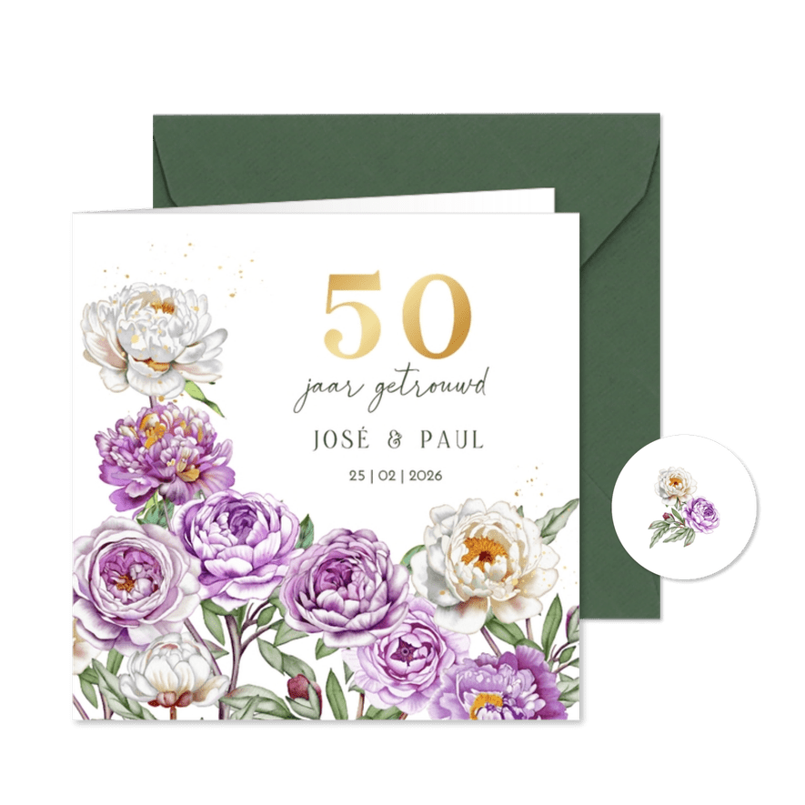 Jubileumkaart dubbele rozen met goudfolie - Kaartimpressie