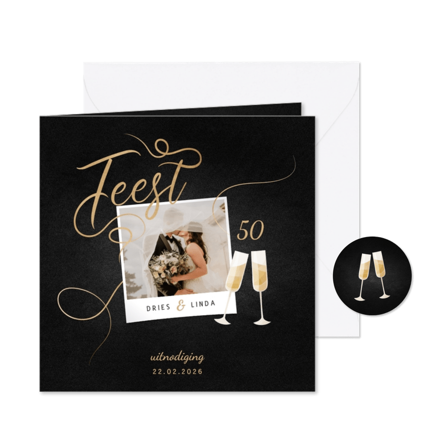 Jubileumkaart feest champagne met foto en gouden linten - Kaartimpressie