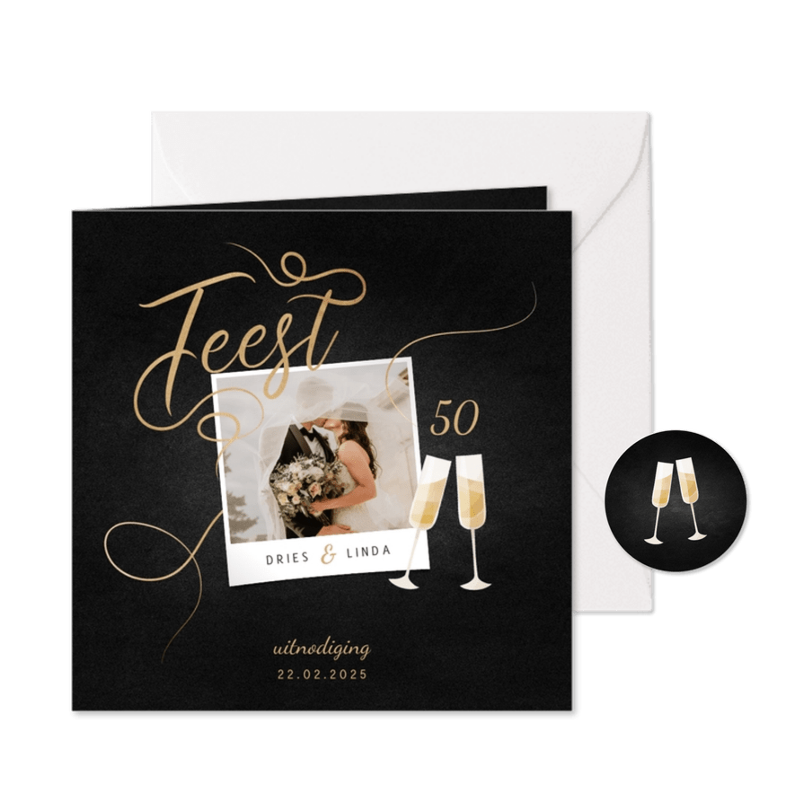 Jubileumkaart feest champagne met foto en gouden linten - Kaartimpressie
