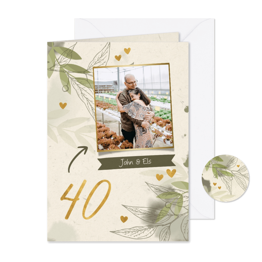 Jubileumkaart foto met takjes, gouden hartjes en waterverf - Kaartimpressie