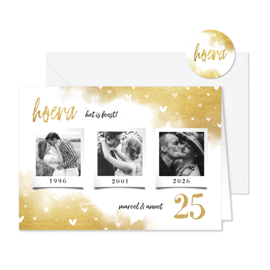 Jubileumkaart fotocollage 3 foto's met hartjes en goud - Kaartimpressie