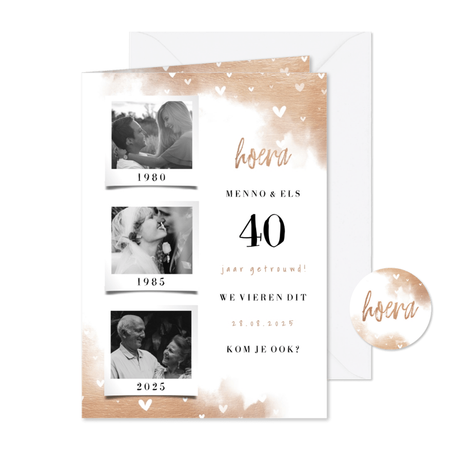 Jubileumkaart fotocollage 3 foto's met koper en hartjes - Kaartimpressie