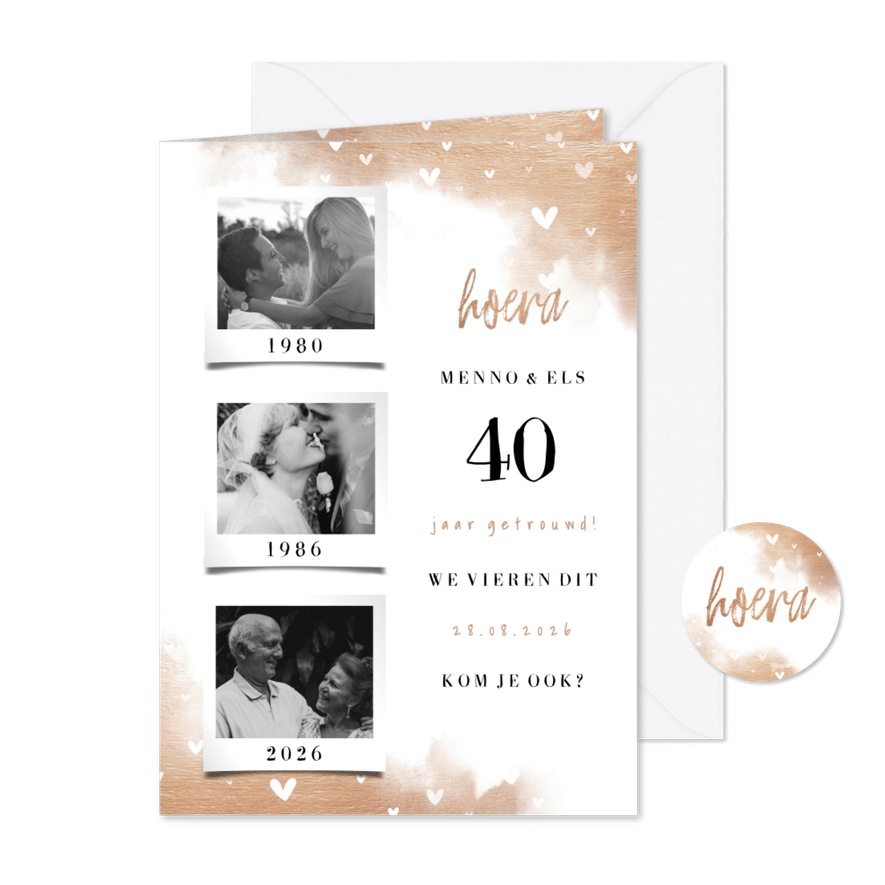 Jubileumkaart fotocollage 3 foto's met koper en hartjes - Kaartimpressie