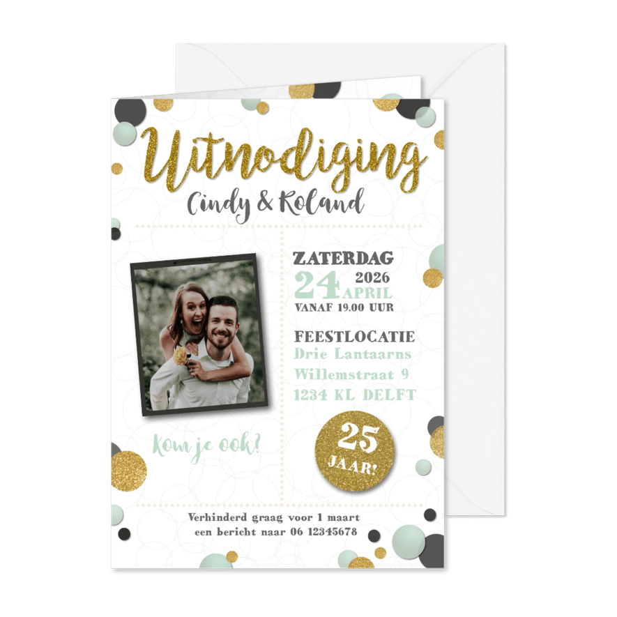 Jubileumkaart glitterbollen groen - Kaartimpressie