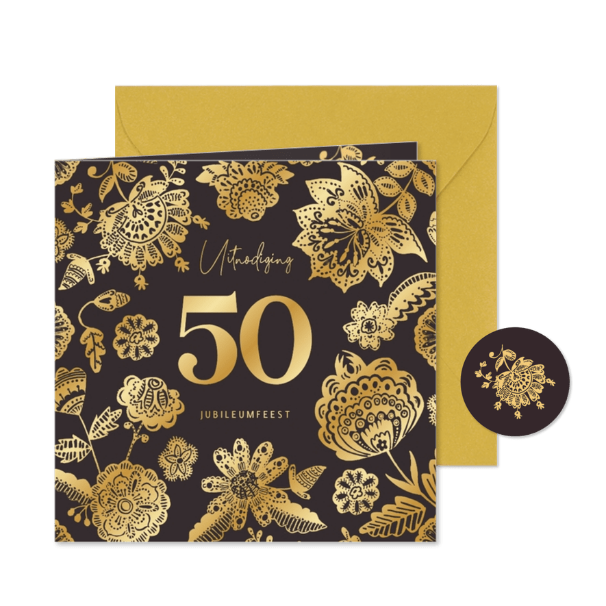 Jubileumkaart goud bloemen chintz - Kaartimpressie